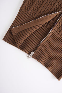 Fur Trim Mocha Cable Knit Zip Up Cardigan (Brown)