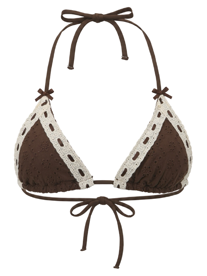 Coquette Cotton Eyelet Bikini Top (Brown)