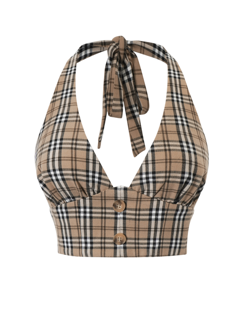 Girly Plaid Halter Crop Top - Khaki