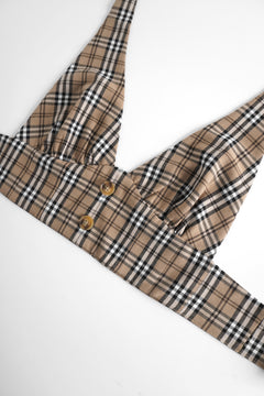 Girly Plaid Halter Crop Top - Khaki
