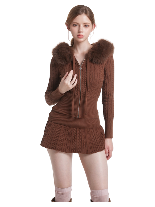 Fur Trim Mocha Cable Knit Zip Up Cardigan (Brown)