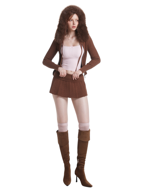 Mocha Cable Knit Fold Over Mid-Rise Skirt (Brown)
