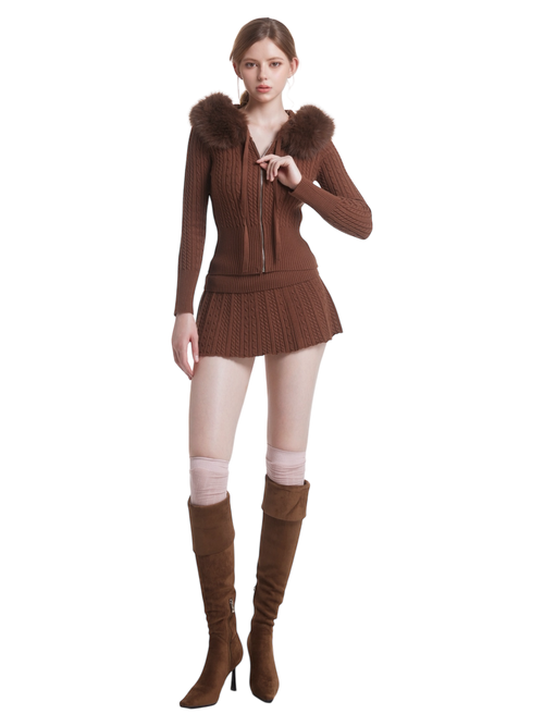 Fur Trim Mocha Cable Knit Set (Brown)