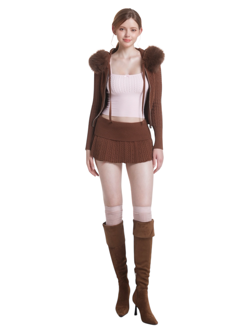 Mocha Cable Knit Fold Over Mid-Rise Skirt (Brown)