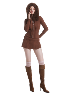 Mocha Cable Knit Fold Over Mid-Rise Skirt (Brown)