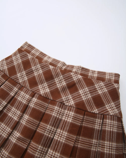 Girly Plaid Pleated High Rise Skirt (Brown)