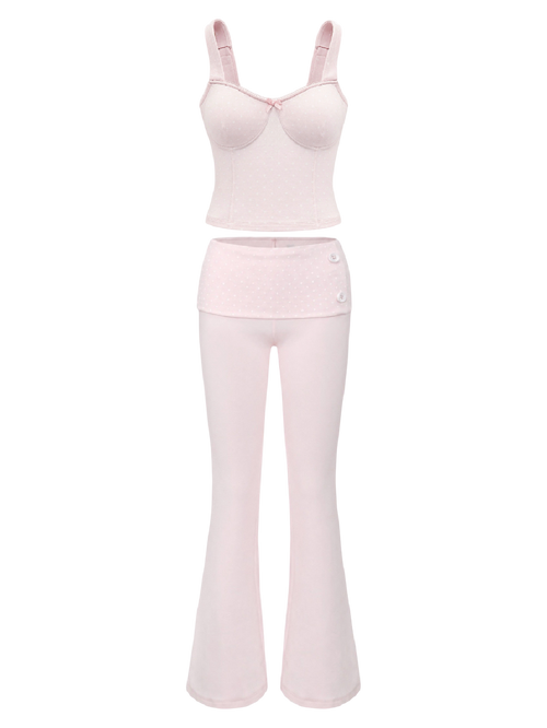Whimsy Doll Cotton Active Fold over Long Pants (White Polka)