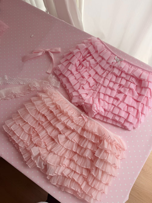 Delicate Pink Chiffon Ruffles Shorts (Rose Pink)