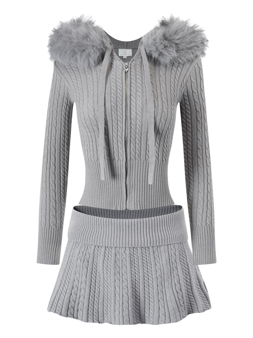 Fur Trim Cozy Cloud Cable Knit Set (Grey)