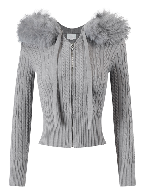 Fur Trim Cozy Cloud Cable Knit Cardigan (Grey)
