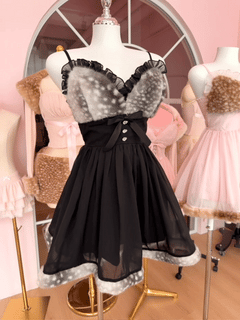 Bambi Princess Fur Chiffon Babydoll Dress (Black)