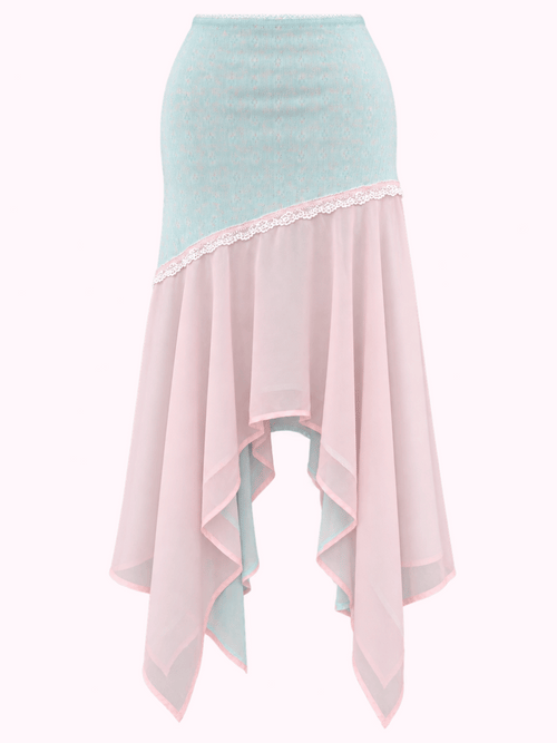 Dewdrop Reversible Lace Chiffon Skirt  (Pink Teal)