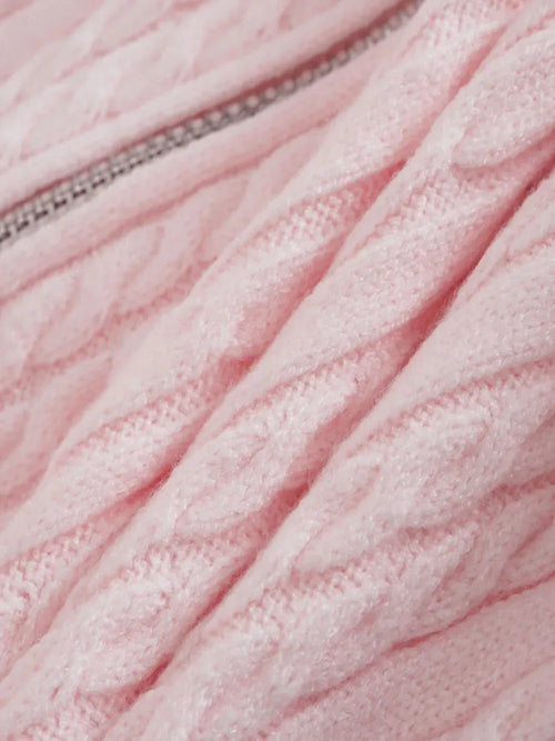 Strawberry Milk Cable Knit Zip up Cardigan (Pink) - Angel Ruche