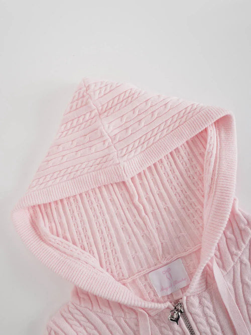 Strawberry Milk Cable Knit Zip up Cardigan (Pink) - Angel Ruche
