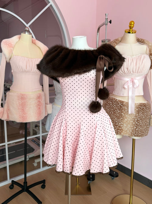 Dolly Polka Dot Dress+ Petticoat (Pink Mocha)