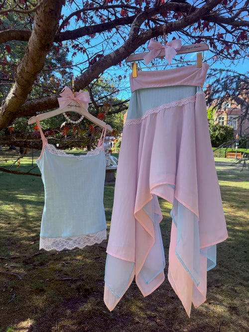 Dewdrop Reversible Lace Chiffon Skirt  (Pink Teal)