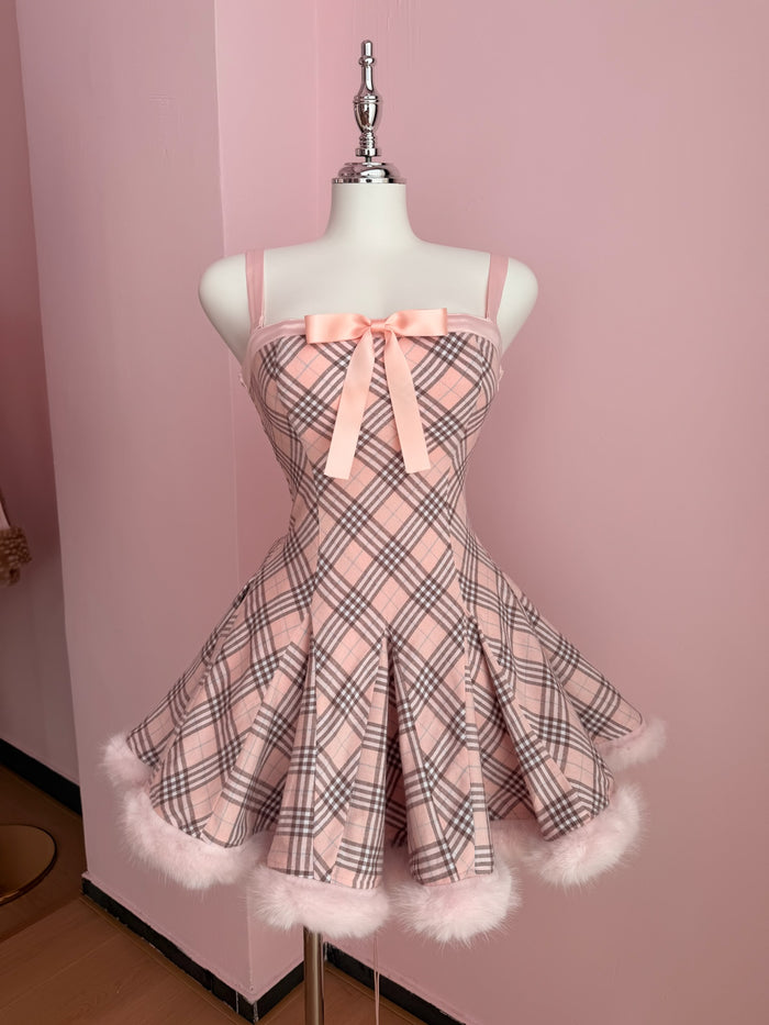 Sugarplum Plaid Hourglass Fur Trim Dress+ Petticoat (Pink)