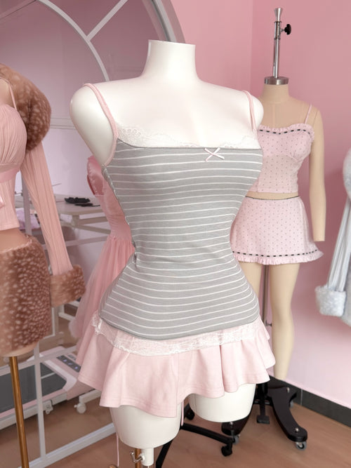 Muse Cotton Reversible Lace Cami  (Pink Grey Stripe)
