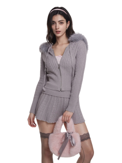 Fur Trim Cozy Cloud Cable Knit Set (Grey)