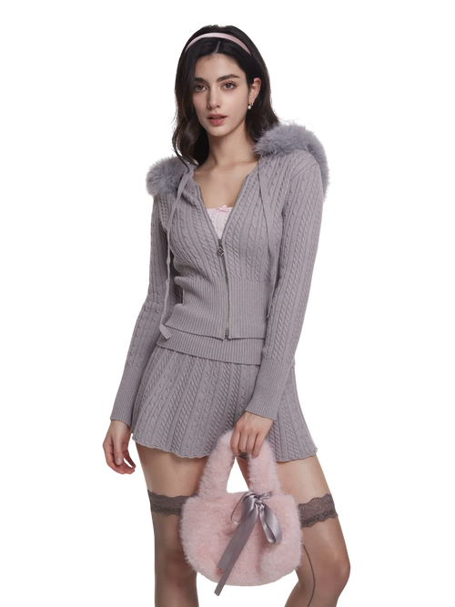Fur Trim Cozy Cloud Cable Knit Set (Grey)