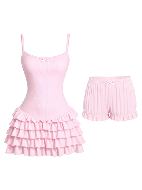 Serafina Ruffles Mini Dress + Bloomer Shorts Set (Pink)