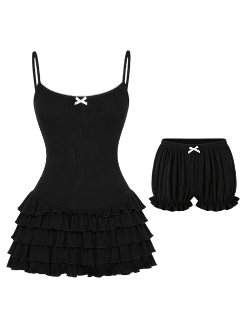 Serafina Ruffles Mini Dress + Bloomer Shorts Set (Black)