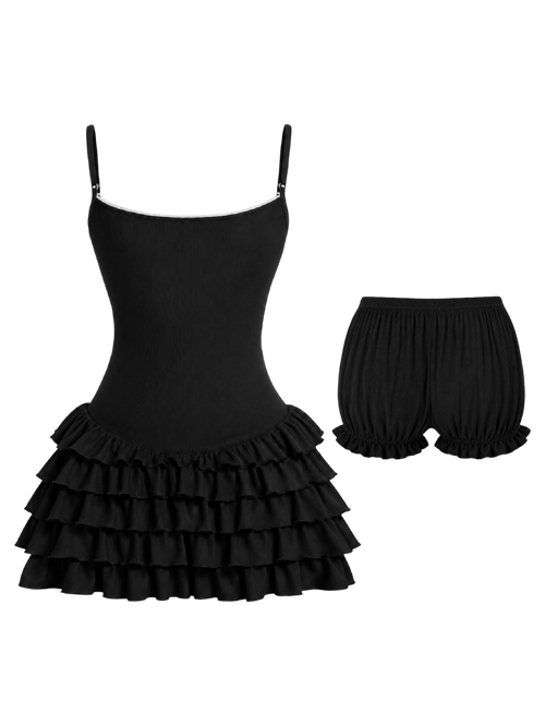 Serafina Ruffles Mini Dress + Bloomer Shorts Set (Black)
