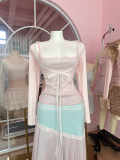 Dewdrop Reversible Lace Chiffon Skirt  (Pink Teal)