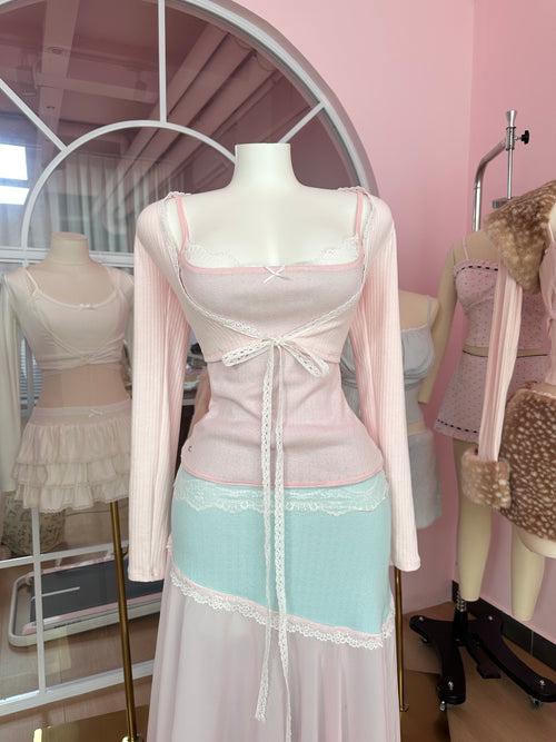 Dewdrop Reversible Lace Chiffon Skirt  (Pink Teal)