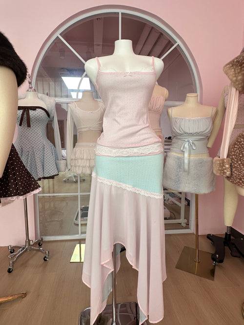 Dewdrop Reversible Lace Chiffon Skirt  (Pink Teal)