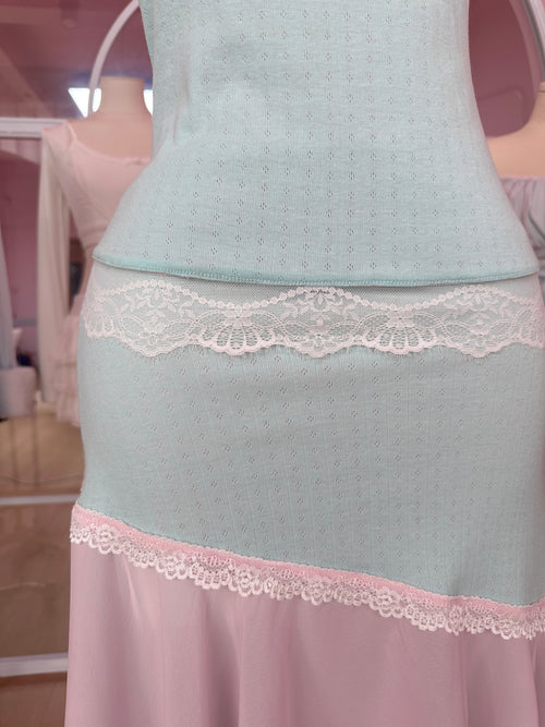 Dewdrop Reversible Lace Chiffon Skirt  (Pink Teal)