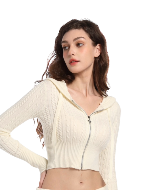 Vanilla Butter Cable Knit Zip up Cardigan (Light Yellow)