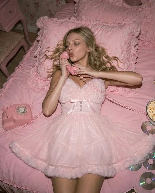 Rosé Princess Fur Chiffon Robe - Angel Ruche