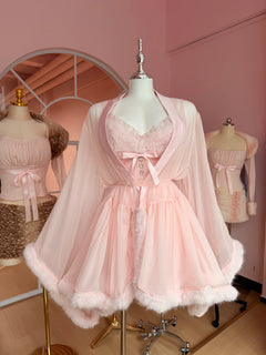 Rosé Princess Fur Chiffon Robe - Angel Ruche