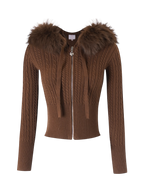 Fur Trim Mocha Cable Knit Zip Up Cardigan (Brown)