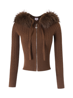 Fur Trim Mocha Cable Knit Zip Up Cardigan (Brown)