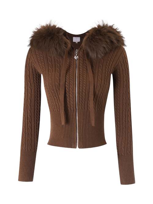 Fur Trim Mocha Cable Knit Zip Up Cardigan (Brown)