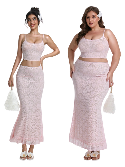 Coral Veil Lace Two Piece Set  (Pink)