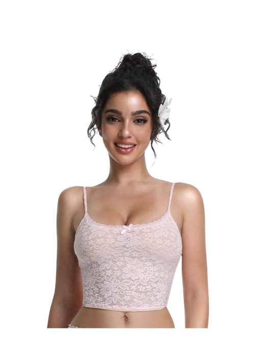 Coral Veil Lace Crop Top  (Pink)