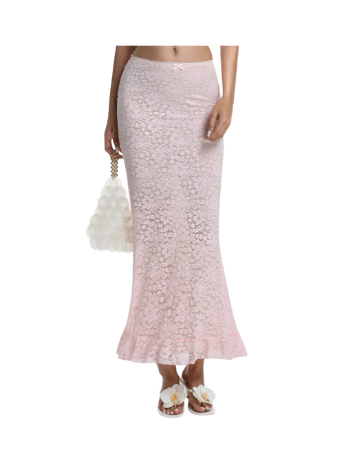 Coral Veil Lace Maxi Skirt (Pink)