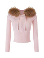 Fur Trim Strawberry Milk Cable Knit  Cardigan (Pink)