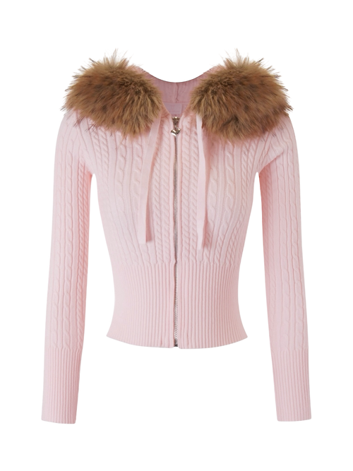 Fur Trim Strawberry Milk Cable Knit  Cardigan (Pink)