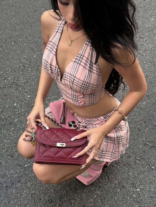 Girly Plaid Halter Crop Top - Pink
