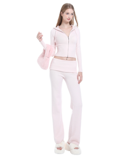 That Girl Rib Knit Fold Over Straight Leg Pants (Baby Pink)