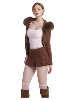 Mocha Cable Knit Fold Over Mid-Rise Skirt (Brown)