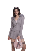 Fur Trim Cozy Cloud Cable Knit Set (Grey)