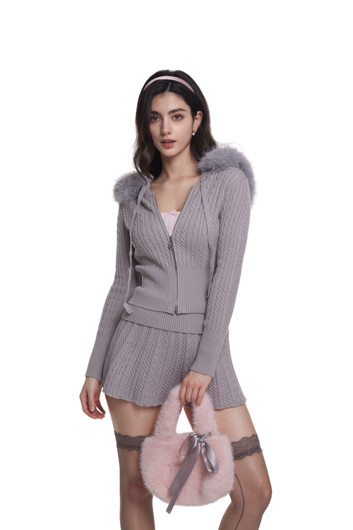 Fur Trim Cozy Cloud Cable Knit Cardigan (Grey)