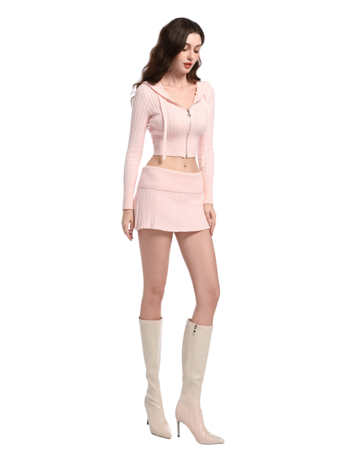 Strawberry Milk Cable Knit Fold Over Mid-Rise Skirt (Pink)