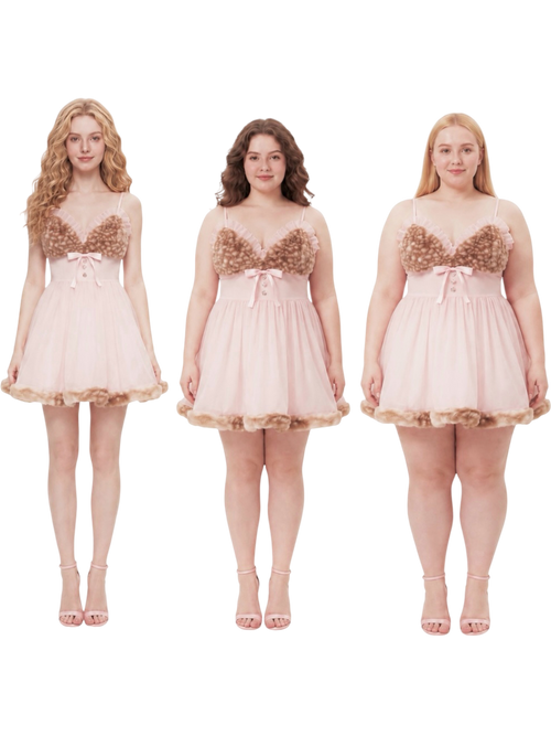 Bambi Princess Fur Chiffon Babydoll Dress (Pink)