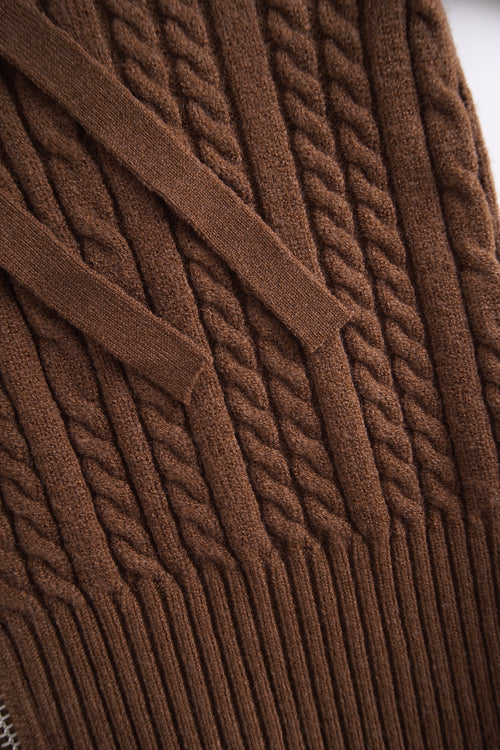 Fur Trim Mocha Cable Knit Zip Up Cardigan (Brown)